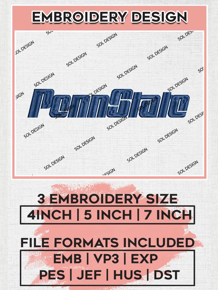 Penn State College Football Team Wordmark Logo Embroidery Design Files, NCAA Penn State Nittany Lions Machine Embroidery, NCAA Teams, 3 sizes, NCAA Machine embroidery designs, Digital Download
