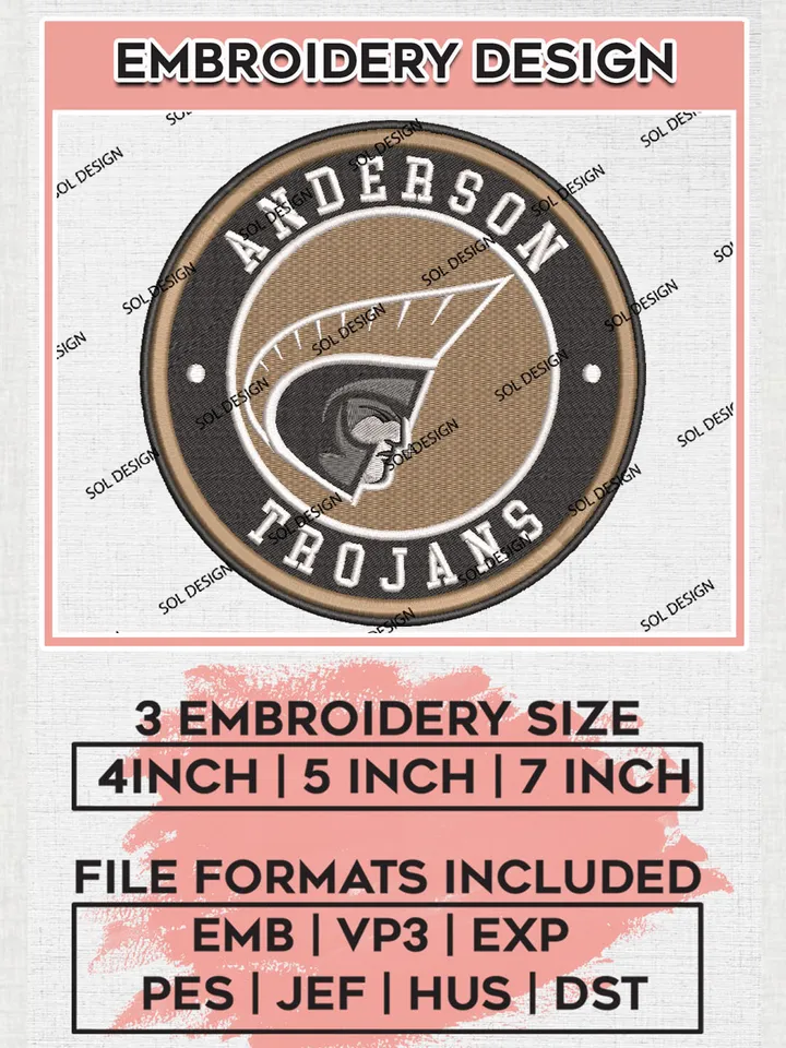 Anderson Trojans College Team Round Logo Embroidery Design Files, NCAA Anderson Trojans Machine Embroidery, NCAA Teams, 3 sizes, NCAA Machine embroidery designs, Digital Download