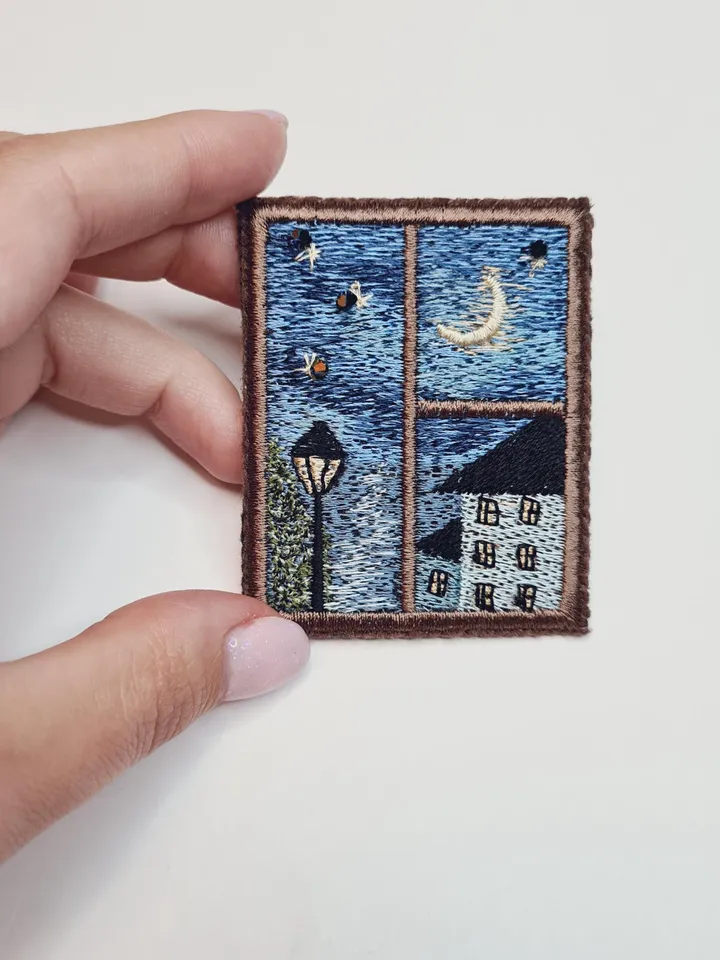 Machine embroidery design for art therapy: Brooch "Window night landscape"
