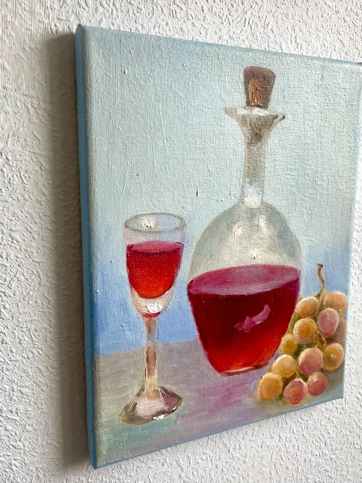 Wine Decanter Painting Grape Fruit Original Oil Painting on Canvas, Wine Glass Still Life Painting 10" x 8"