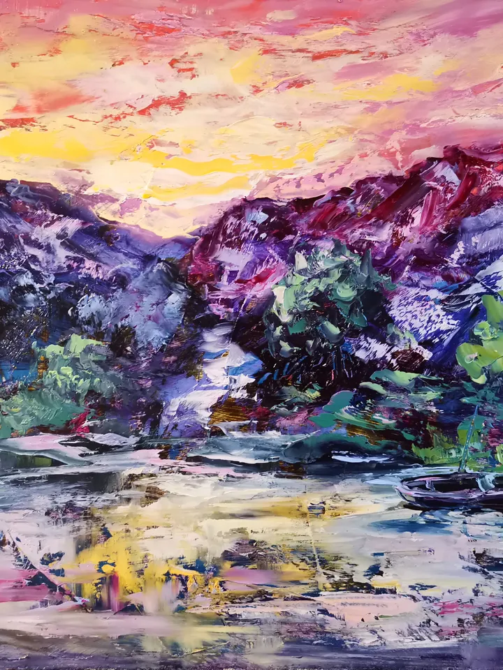 Mountains Waterfall Sunset Boat Original Art Oil Painting Artist Svinar Oksana