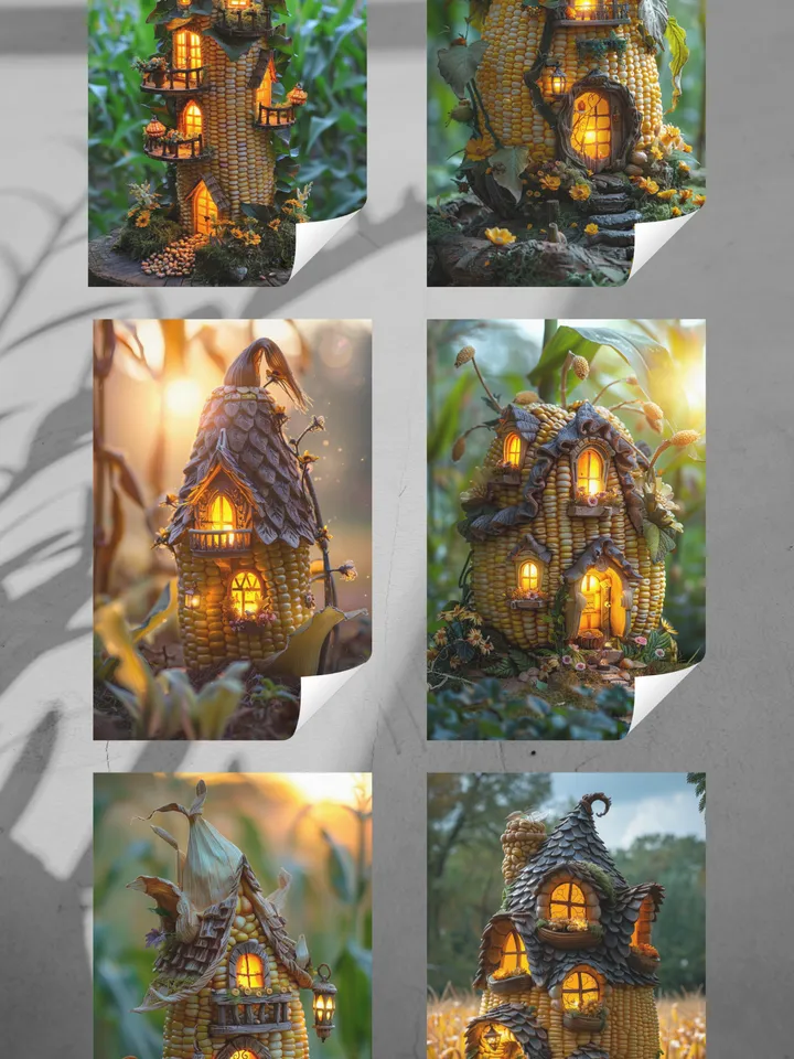 Set of 6 Enchanted Corn Cob Fairy House Postcards – Whimsical Fantasy Art