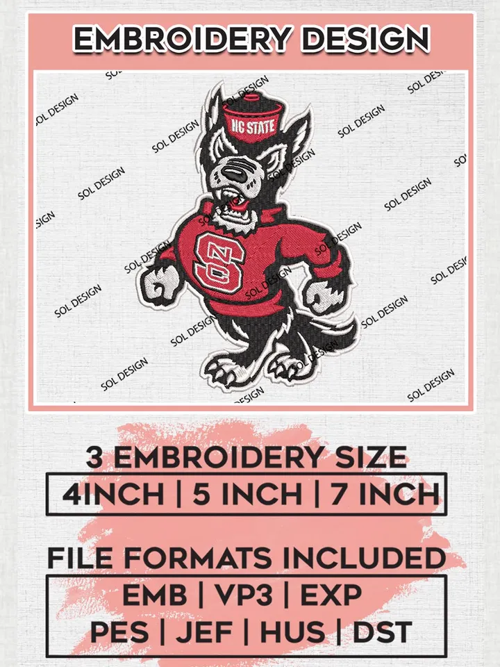NCAA NC State Wolfpack Team Mascot Logo Embroidery Design Files, NCAA NC State Wolfpack Machine Embroidery, NCAA Teams, 3 sizes, NCAA Machine embroidery designs, Digital Download