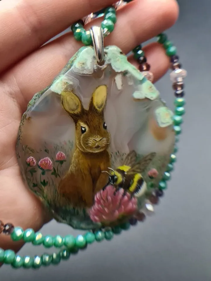 Necklace with rabbit, bumblebee Painting Agate stone Christmas Gift Wrapping