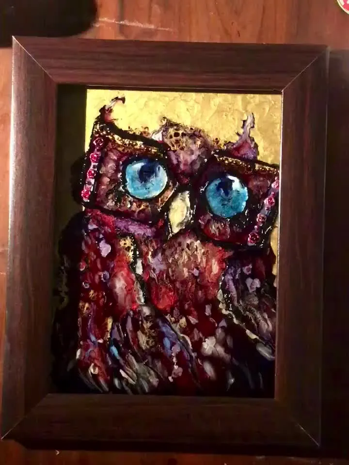 Red owl stained glass panel,abstract fantasy painting on glass,decorated with flowers beads,owl in glasses painting,gift,wall decoration.