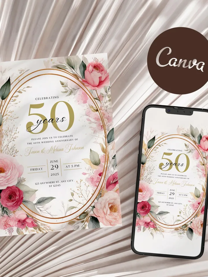 50th Anniversary Invitation, Blush Pink Wedding Anniversary Invite, Wedding Anniversary Invitation Printable, Editable Canva Template