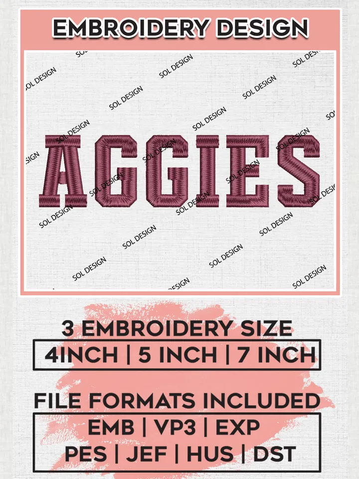 Aggies NCAA College Team Word Logo Embroidery Design Files, NCAA Texas A&M Aggies Machine Embroidery, NCAA Teams, 3 sizes, NCAA Machine embroidery designs, Digital Download