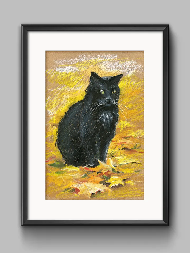Black Cat in autumn leaves Oil pastel drawing on kraft paper А4