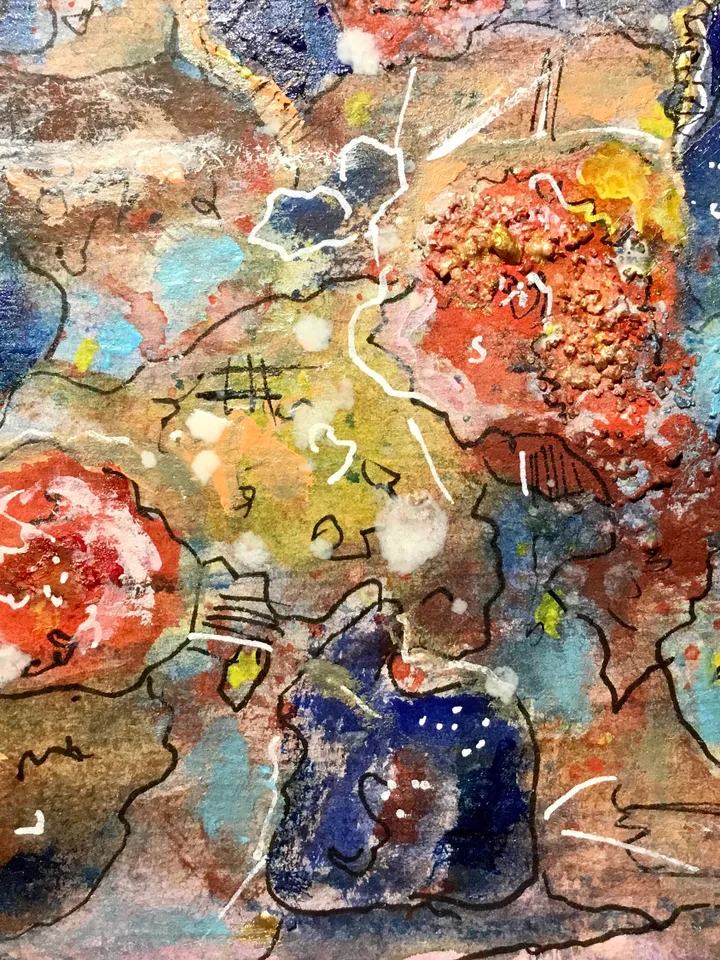 Abstract fantasy mix media watercolour and acrylic original painting on paper,abstract wall art,landscape flowers pink gold.