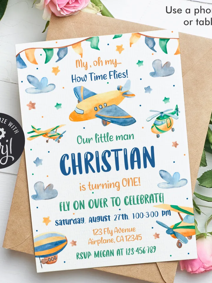 Airplane Birthday Invitation, Airplane Invitation For Boy, Plane Birthday Invitation, First Birthday Boy Instant Download Editable Template