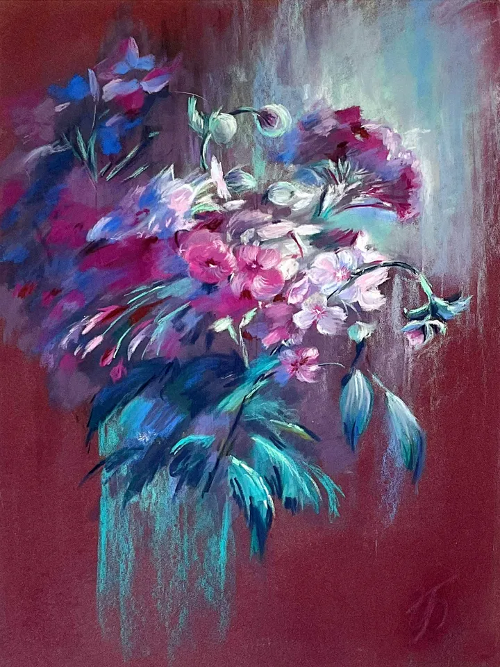 Vibrant Floral Pastel Painting on Deep Red – Original Artwork by IrenFfantasyArt
