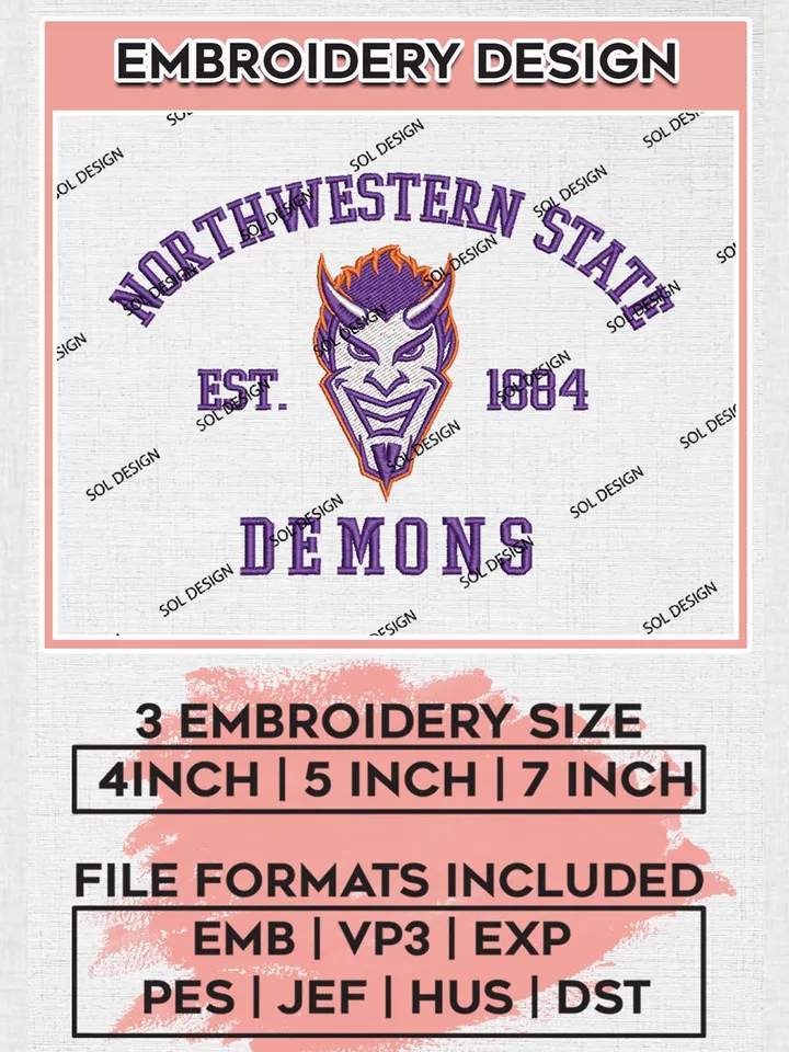 Northwestern State Demons Est 1884 Logo Embroidery Designs, NCAA Northwestern State Demons Team Embroidery, NCAA Team Logo, 3 sizes, Machine embroidery Files, Digital Download