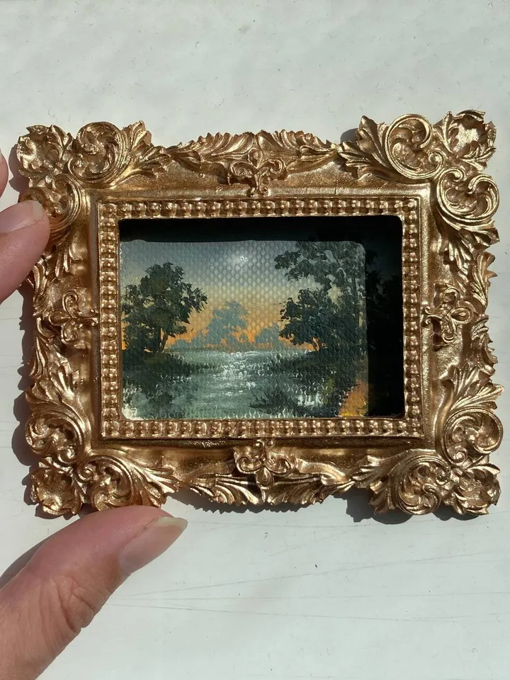 Small Landscape Oil Painting Framed Art Original Moon Painting Antique Gift Renaissance Art Gold Frame Tiny Paintings 3 x 4 Art