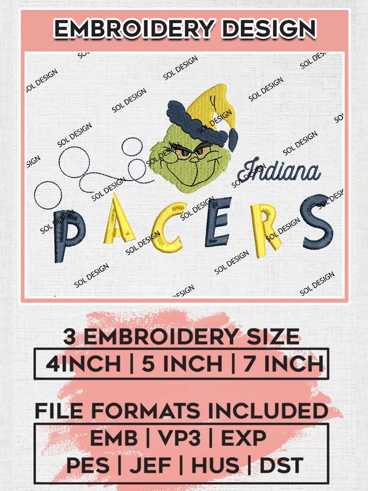 Grinch Indiana Pacers Embroidery Designs, Grinch Christmas Embroidery Files, NBA Indiana Pacers Machine Embroidery Designs, NBA Pacers Logo, NBA Christmas Machine Embroidery Design, Digital Download