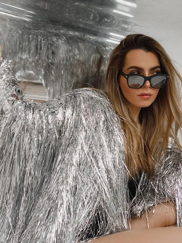 silver cape, silver vinyl coat, cape made of silver ribbons