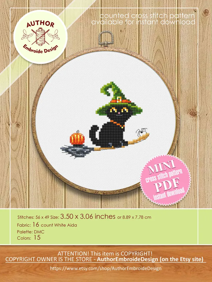 Set Halloween cats cross stitch pattern PDF download Black cat embroidery, Witch cat cross stitch chart, Vampire cat, Cat lover gift #H64