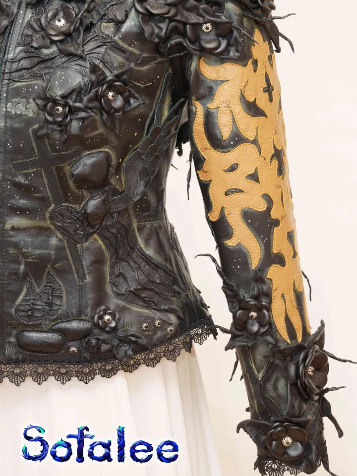 The luxury 3D floral women's Jacket of black genuine leather with beige application,Handmade aristocratic style clothing
