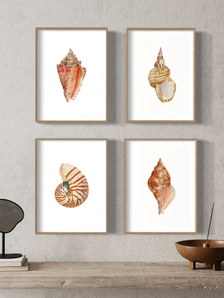 Sea Shell Art, Set Of 4 Art Prints, Watercolor Nautical Painting, Coastal Art Prints, Beach Gift, Seaside Decor, Bathroom Art