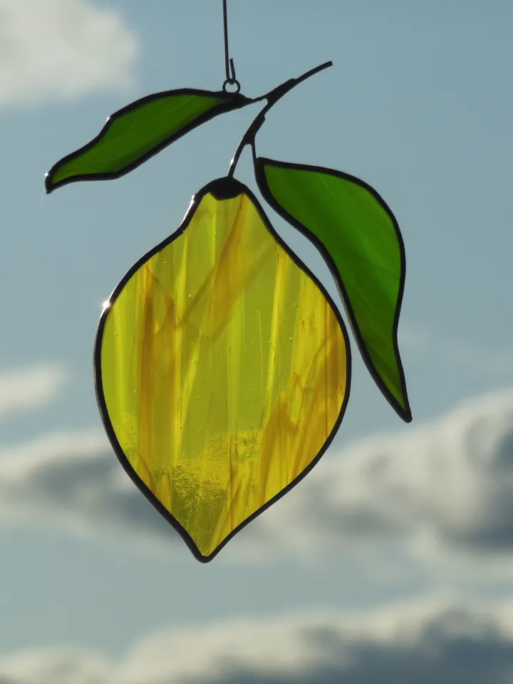 Yellow Lemon . Art stained glass window hanging Suncatcher (texture S ) kitchen fruit berries