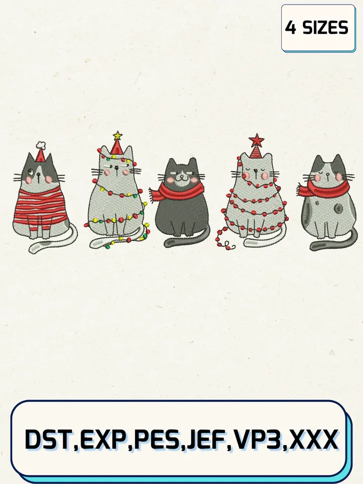 Cute Cat Christmas Embroidery Design,Christmas Embroidery Designs,Machine Embroidery Files,4 Sizes