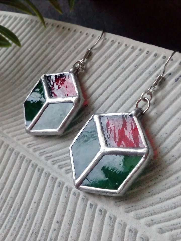 Cube earrrings, hexagon earrings, geometric earrrings, simple stained glass, green stained glass, honeycomb