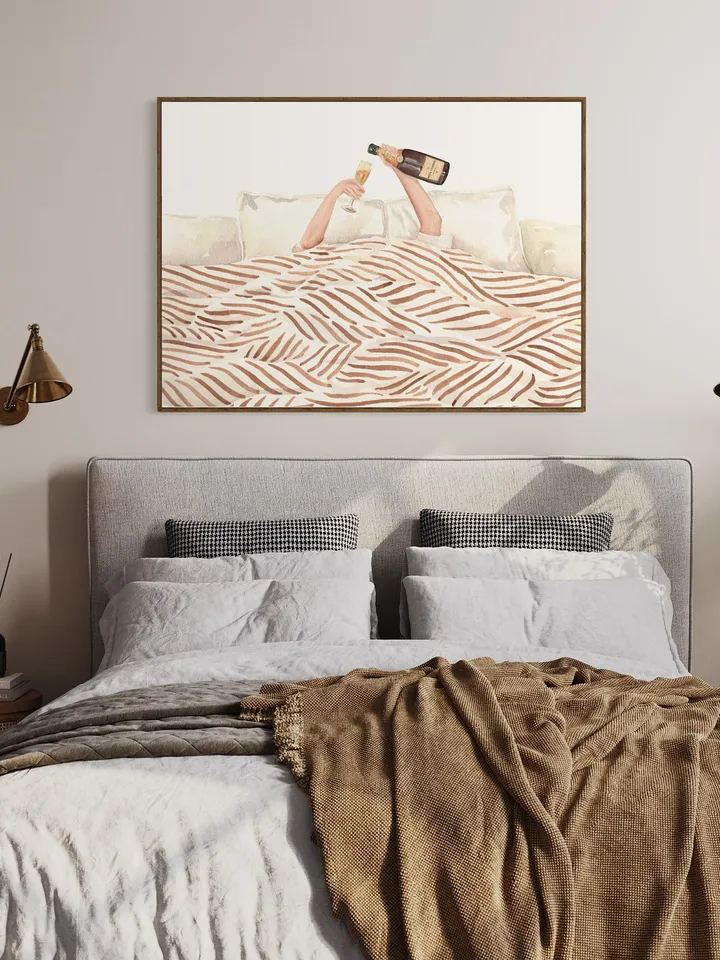 Woman Drinking Champagne In Bed, Watercolor Painting, Girls Bedroom Decor, Vintage Bar Print, Feminist Poster, Girly Wall Art, Alcohol Print