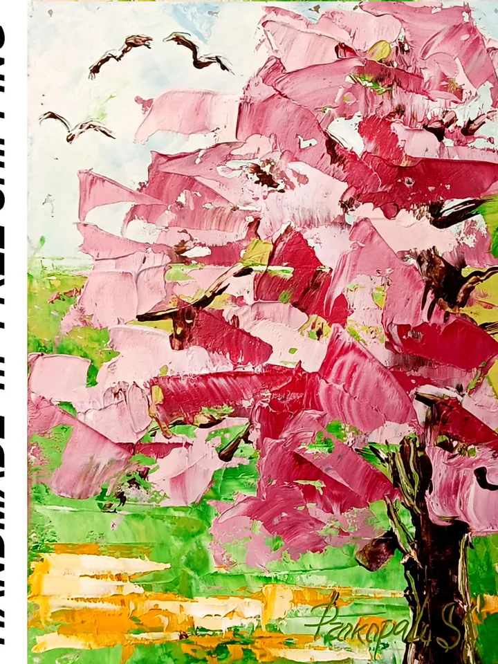 Sakura painting japan garden art original oil painting Small Original art Pink Trees wall art Pink peonies artwork New home gifts 7x5 in