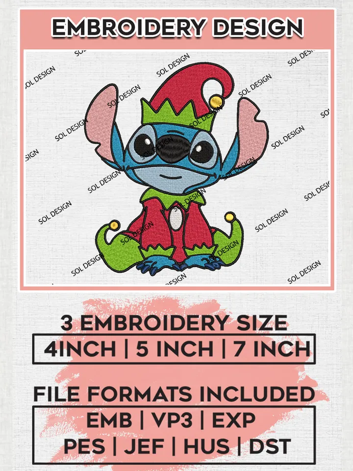 Disney Stitch Elf Christmas Embroidery Design Files, Disney Christmas Machine Embroidery, Disneyland Family Holiday, 3 sizes, Cute Christmas Machine embroidery designs, Digital Download