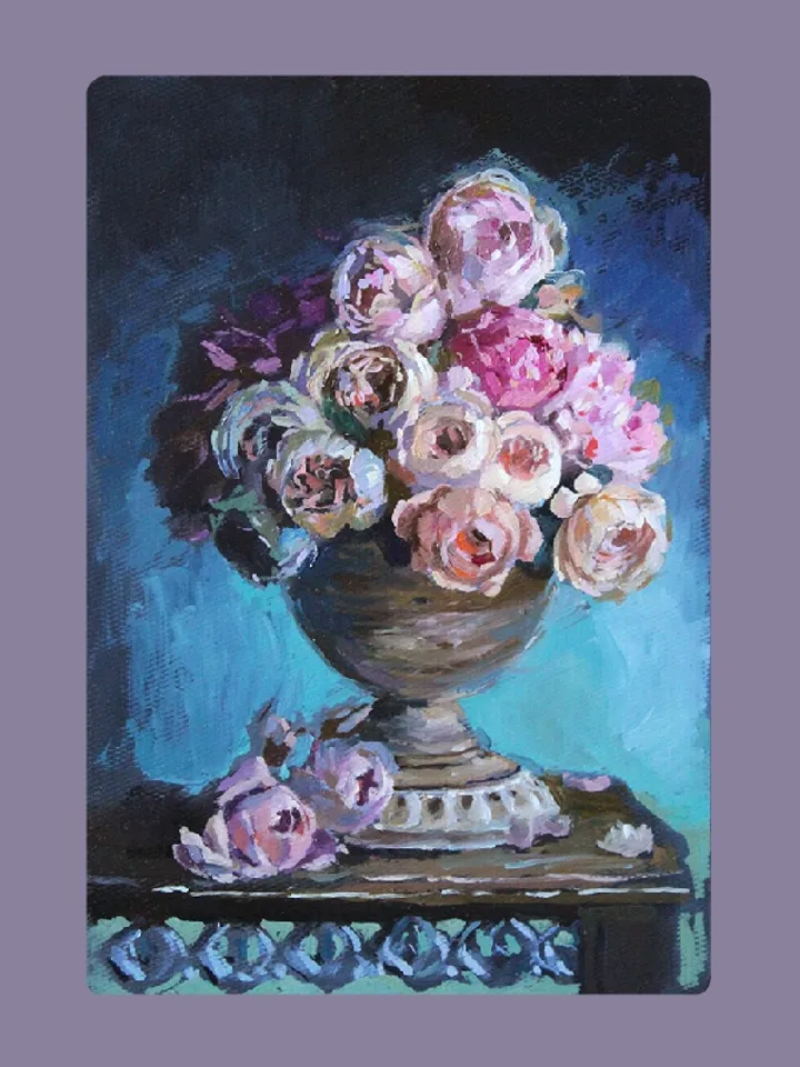 Oil painting a large bouquet of flowers in a classic style. 4.8 x7" Miniature