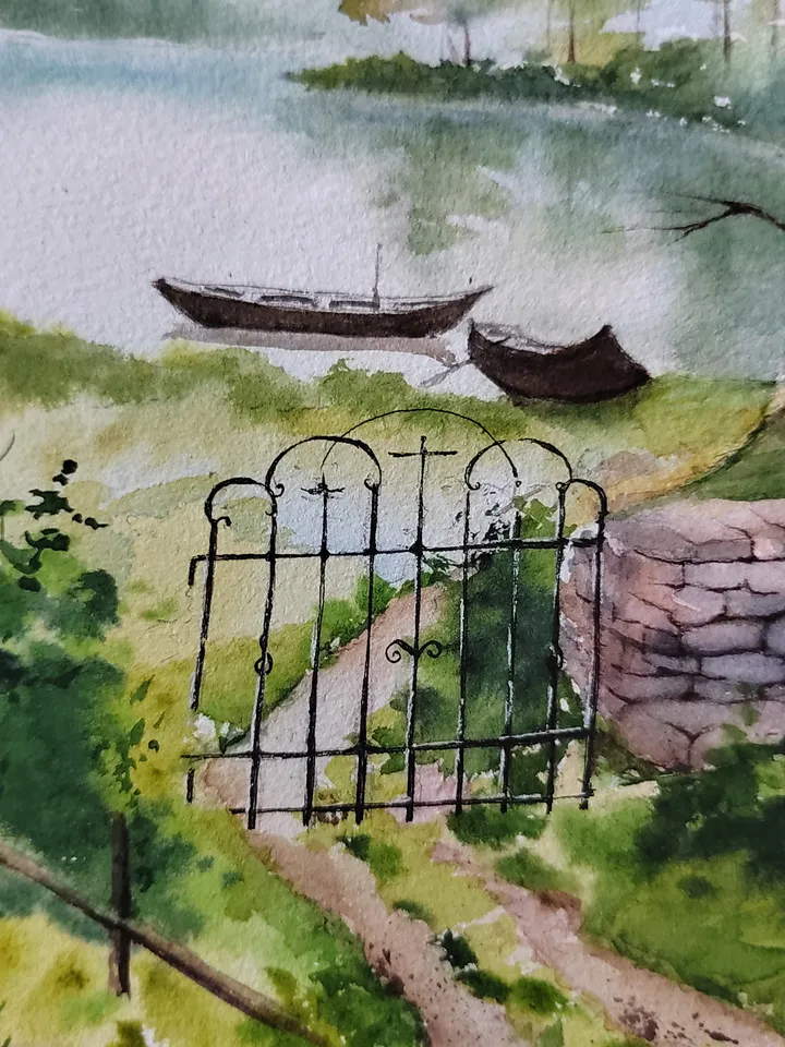 Original Watercolor Painting Landscape Art House by Lake Artwork 30x40 cm by SoftWaves