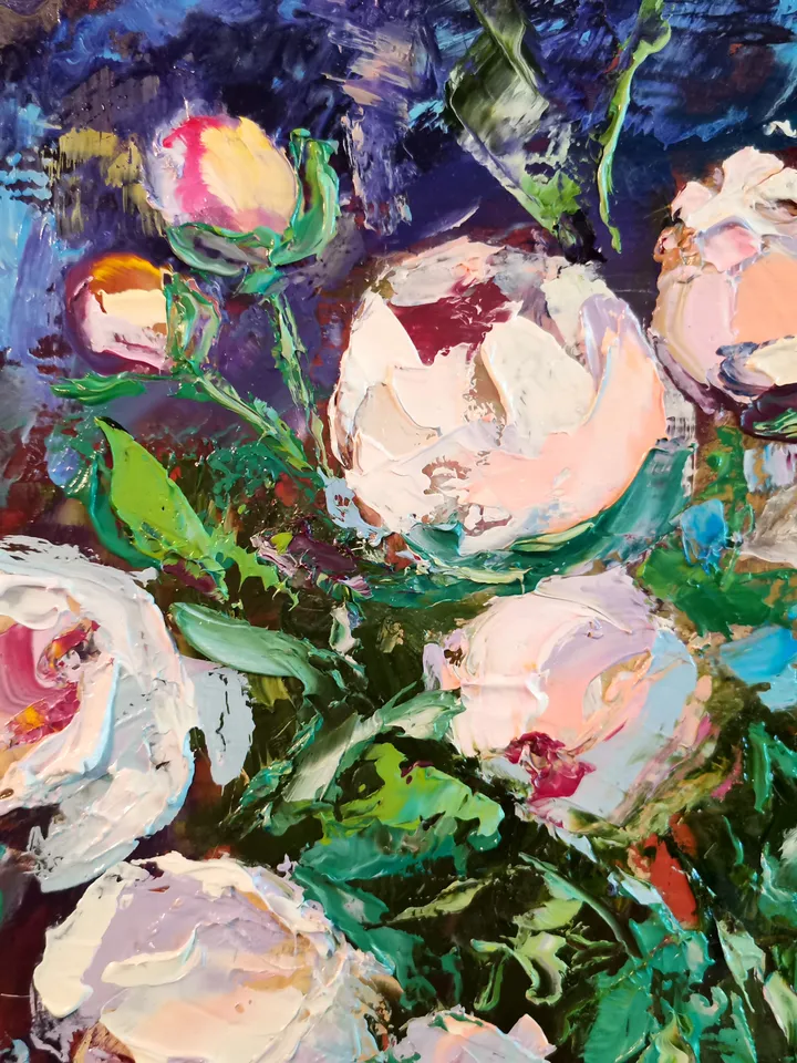 Peonies Glass Vase Candy Oil Painting Flower Impasto Original Artist Svinar Oksana