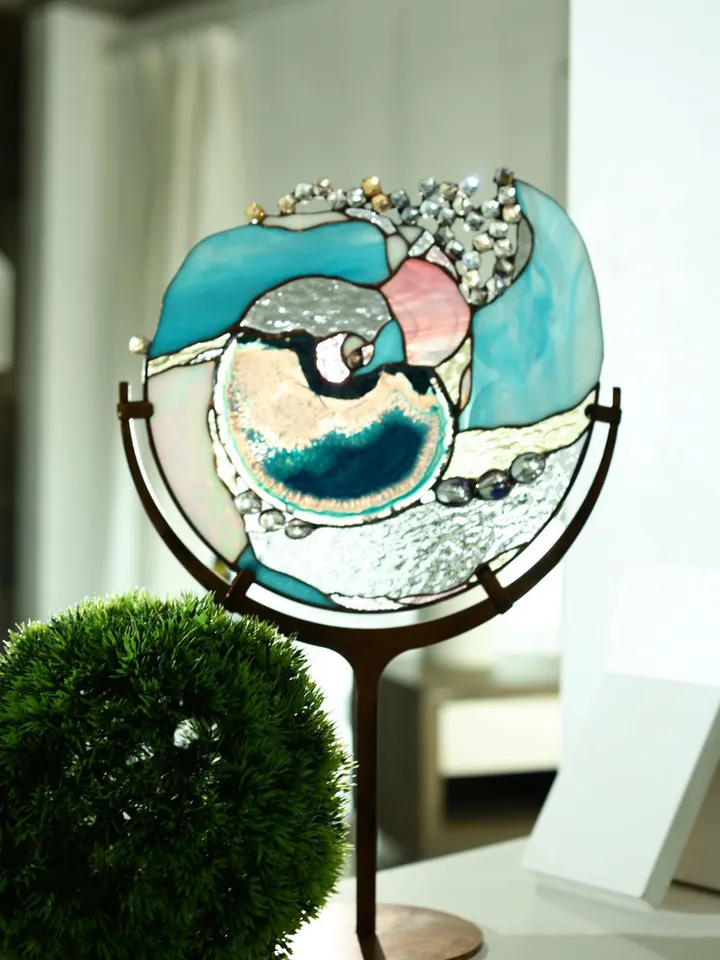 Agate and Gemstone Panel, Tiffany Stained Glass, Tiffany Stained Glass Panel with Agate and Gemstones on Stand, Stained Glass Agate and Gemstone Panel on Stand, Agate and Gemstone Stained Glass Panel with Stand