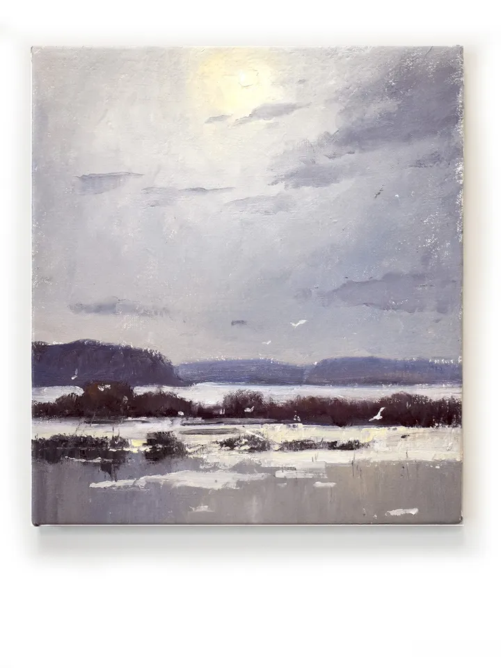 Winter landscape oil painting original. Lake paintings
