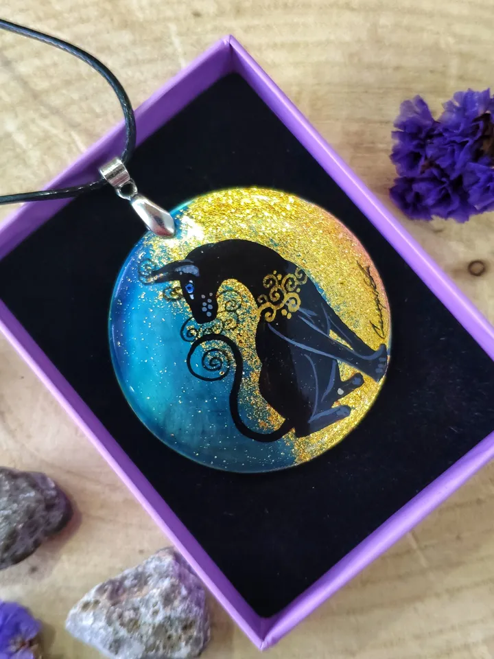 Pearl pendant necklace: Sphunx the black cat painted on handmade pendant • Aesthetic necklace for fall season • graceful cat lover gift