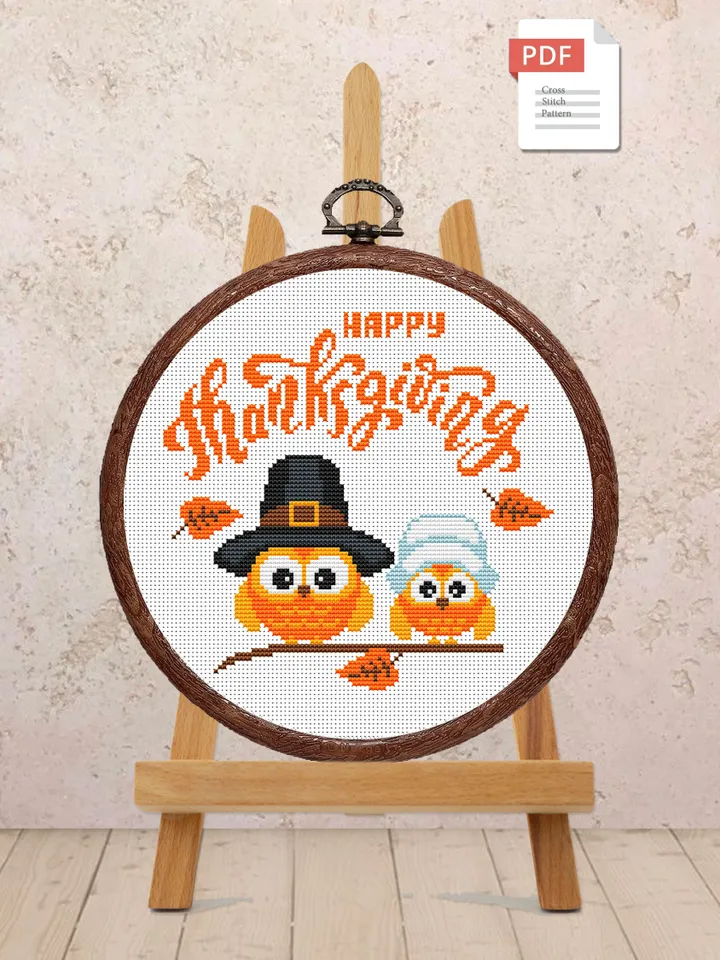 Happy Thanksgiving Cross Stitch Pattern, Thanksgiving Cross Stitch Pattern, Owl Cross Stitch Pattern, Thanksgiving Owls #hld007