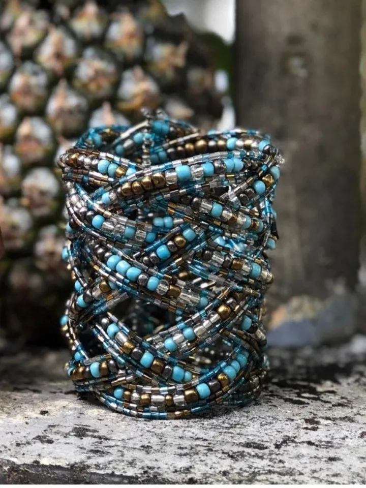 Wide Bead Handmade Bracelet Blue Silver | Boho summer wide bracelet | Summer Handmade Elegant Bracelet | Bead Handmade Hippie Bracelet Wide