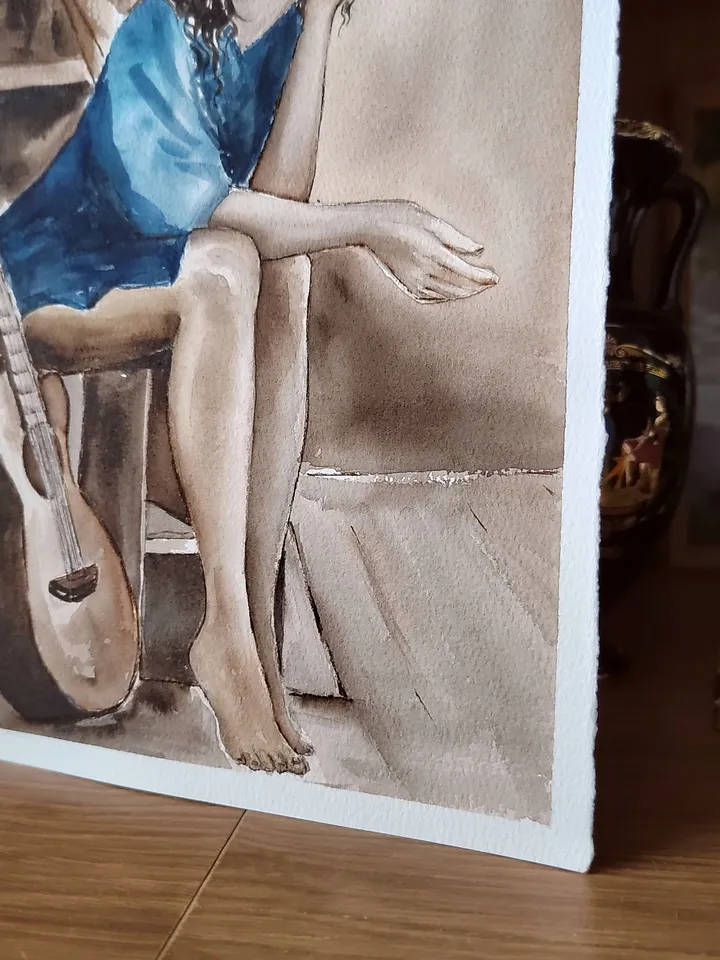 Girl with Guitar Artwork Original Watercolor Painting 8.27x 11.42 in by Art Café