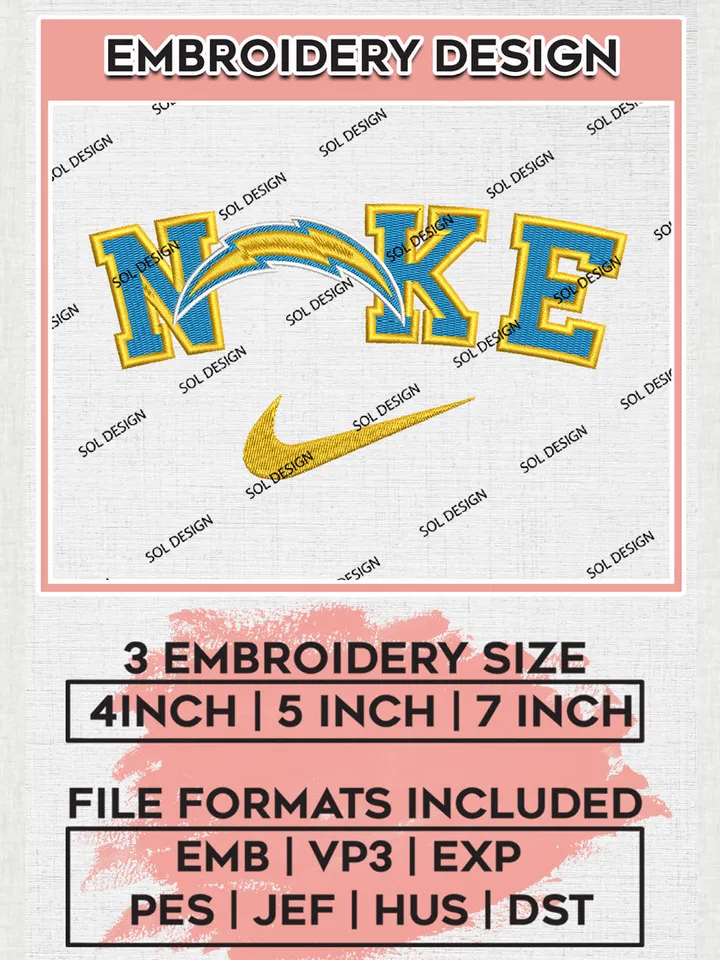 Nike Los Angeles Chargers Embroidery Design Files, NFL Chargers Embroidery Designs, NFL Embroidery Designs, NFL Los Angeles Chargers Machine Embroidery Design, Digital Download
