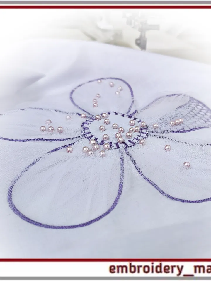 3D embroidery design flower appliqué with mesh drapery by Embroidery Manavi 05