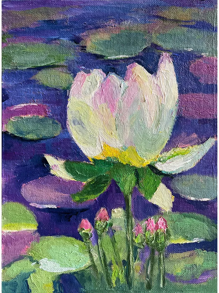 Water lily painting, original oil painting, framed flower painting, White lotus wall art