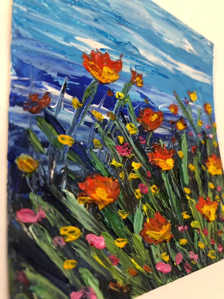 Poppy field small painting impasto wall art Original oil painting 4x4 inches