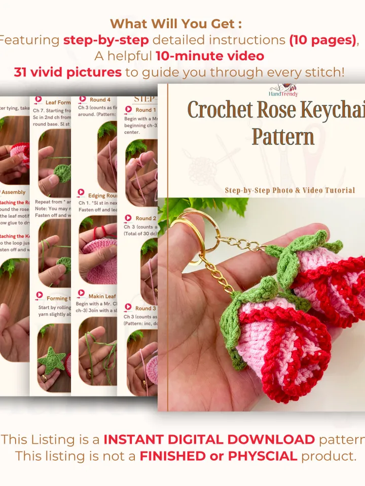 Crochet Rose Keychain Pattern, Simple 3D Flower Tutorial for Unique Bag Charms, Instant Download Gift Idea