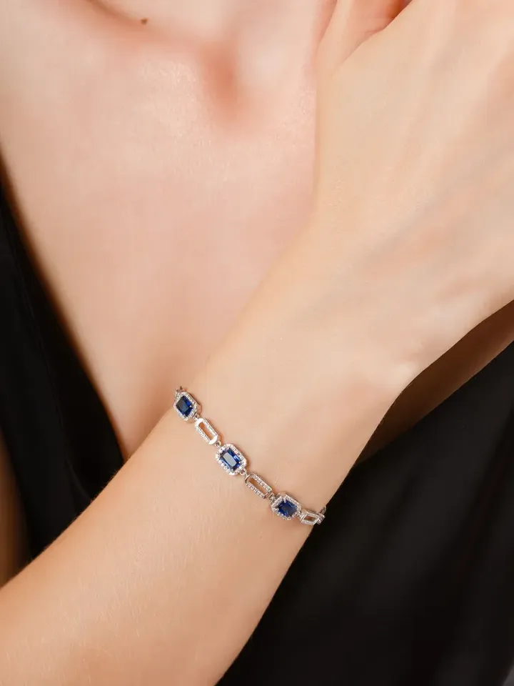 Women's silver bracelet 925 assay value with sapphire crystals and cubic zirconia