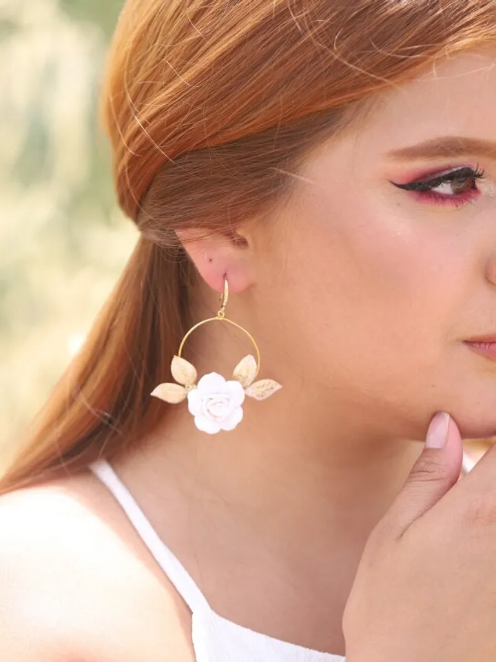 Hoop Porcelain Flower Boho Wedding Earrings, Floral Statement Rose Gold Bridal Earrings, Leaf Statement Wedding Jewelry, Boho Bridal Jewelry