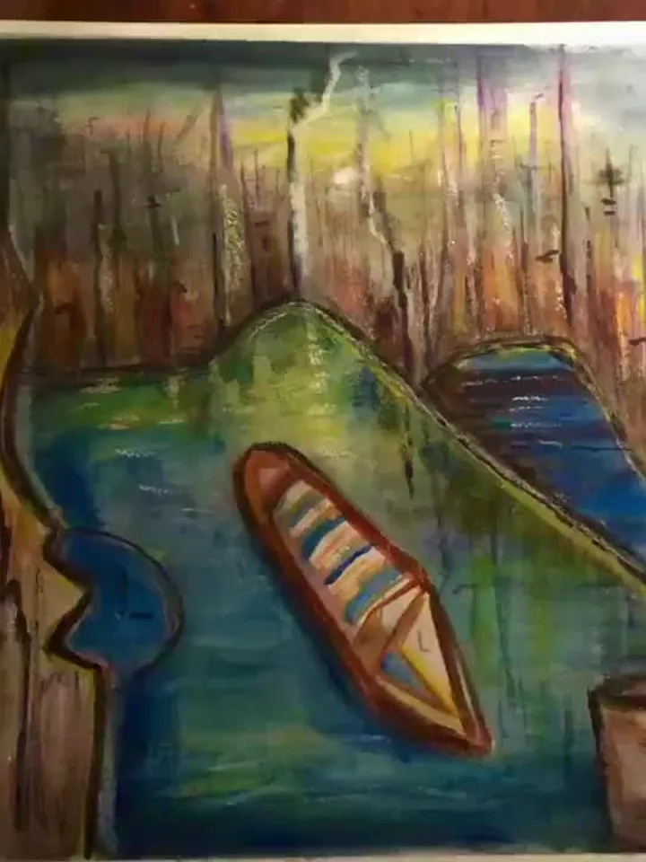 Fantasy cityscape with a boat,original watercolour mix media painting on watercolour 350 g paper,fantasy landscape wall hanging.