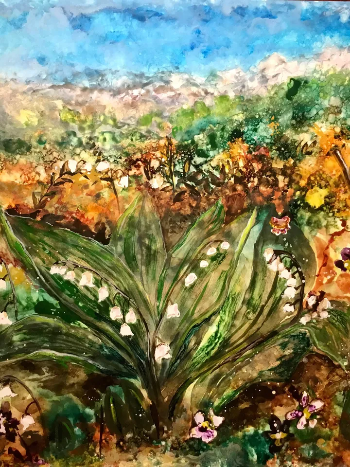 Lillies of the valley original watercolour and alcohol inks mix media painting on yupo paper,flowers painting, flower fields landscape