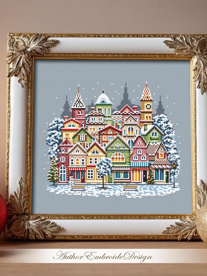 Set of 3 Season houses cross stitch pattern PDF download Christmas city cross stitch chart, Urban landscape pattern digital PDF #E20