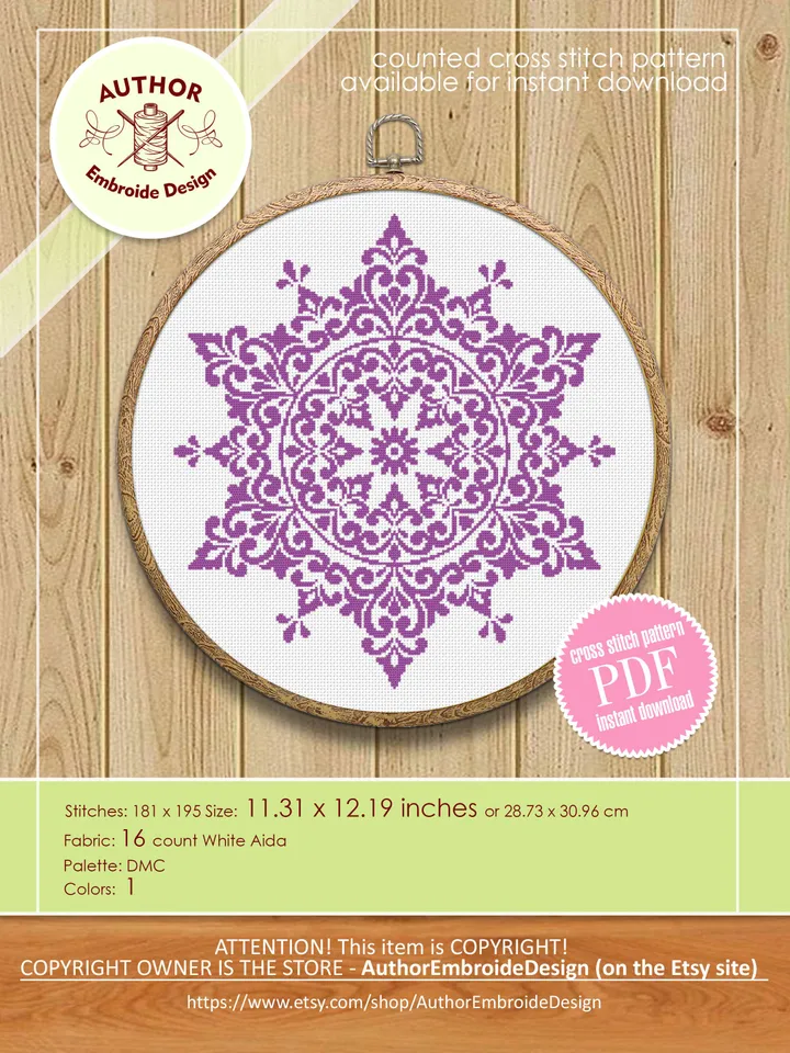 Mandala cross stitch pattern PDF download, Flower mandala pattern digital PDF, Mandala ornament cross stitch chart, Mandala embroidery #M241