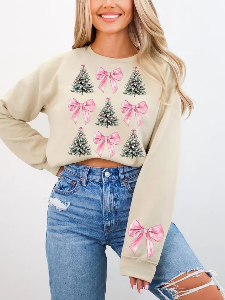 Coquette Christmas Tree PNG Pink Bows Png Retro Christmas Preppy Png Pink Christmas Png design for kids Girly Xmas Png room decor