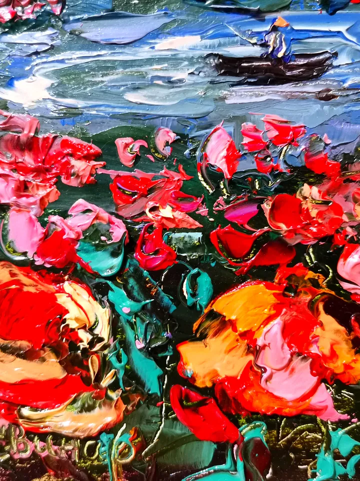 Bright Poppies Lake Boat Sunset Impasto Oil Painting Flowers Original Artist Svinar Oksana